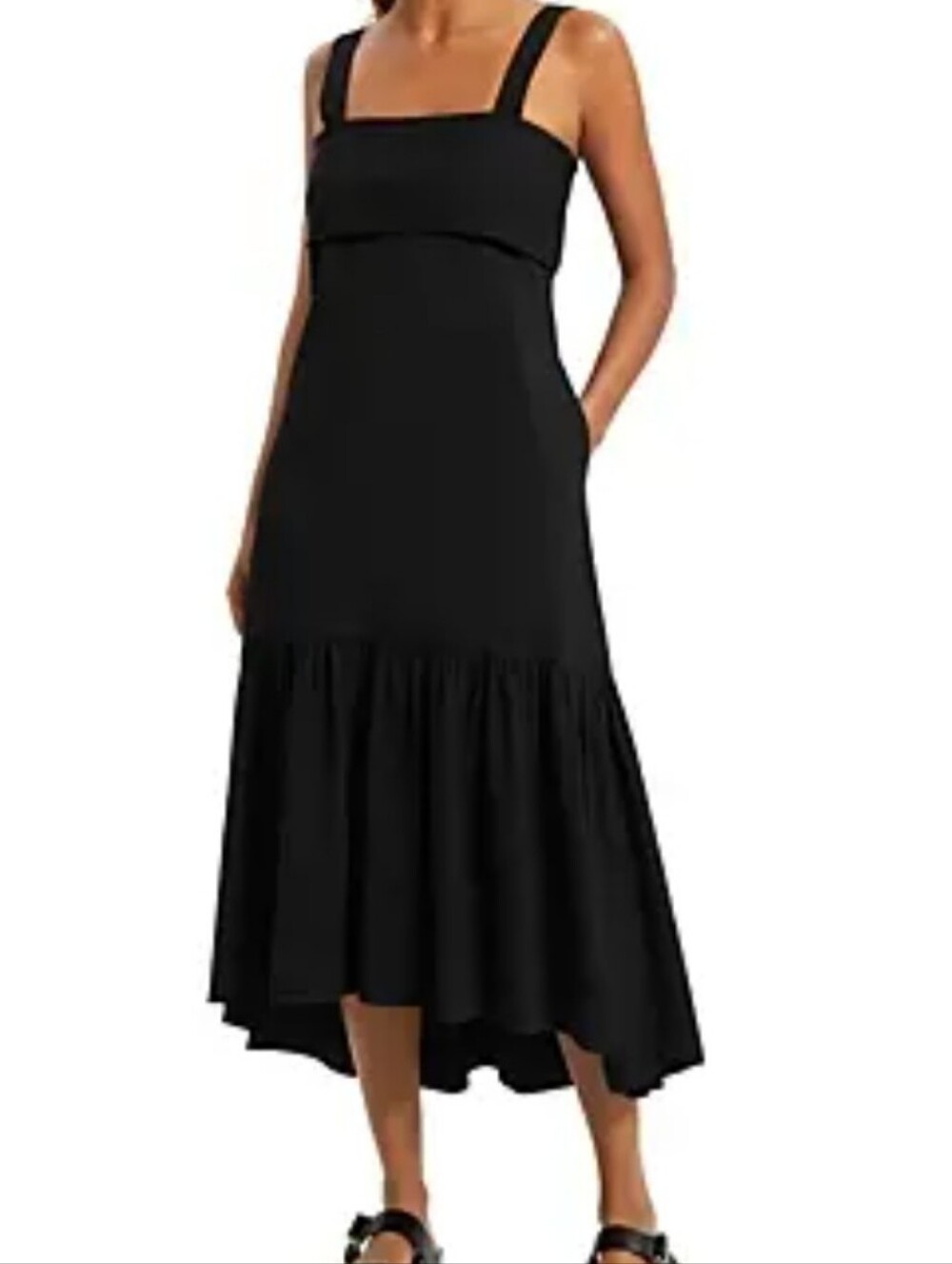 Theory Black Square-Neck High-Low Midi Dress Tie Back Eco Linen Size P (XS)